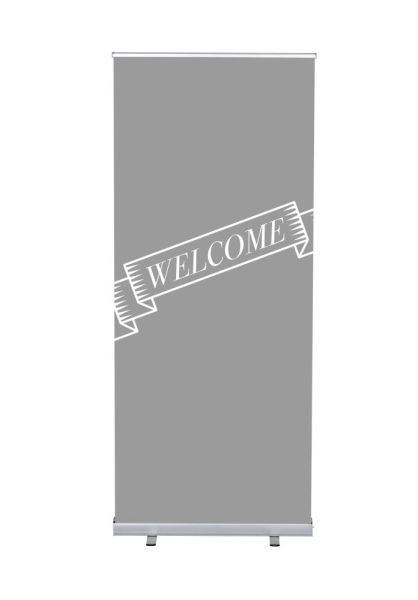 Showdown Displays Roll-Banner Budget 85 Komplettset Willkommen Grau Englisch, RBB085LSFI390