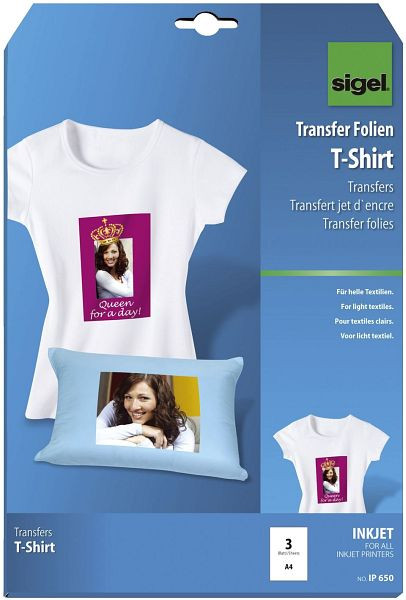 sigel InkJet Transfer Folien für T-Shirts, für helle Textilien, VE: 3 Stück, IP650