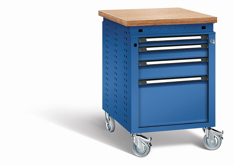 Otto Kind Werkbank Serie function Typ 153 fahrbar, Multiplexplatte 40 mm, bündig, 4 Schubladen, mit Zentralverschluss, komplett RAL 5010, 072380113