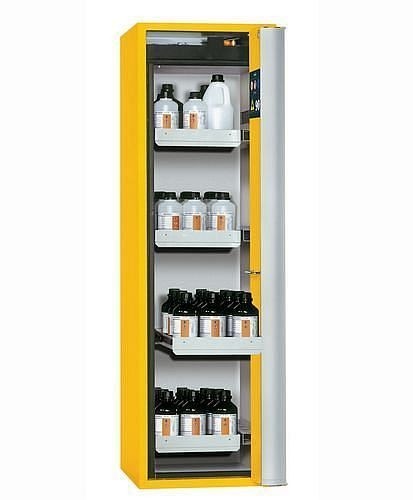 asecos Gefahrstoffschrank GF-601.4 (one touch), 600 mm, 4 Auszüge, Falttür rechts, gelb, 3023600230267