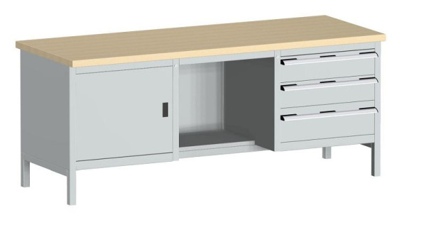 bott cubio Kastenwerkbank mit 3 Schubladen Türe, 2 Ablagen, Multiplex-Arbeitsplatte BxTxH: 2000 x 750 x 840 mm, RAL 7035, 41002070.16V