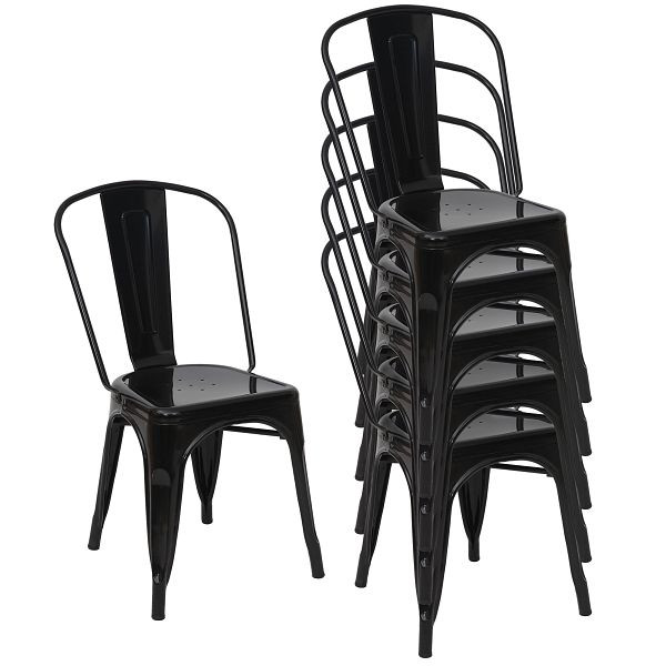Mendler 6er-Set Stuhl HWC-A73, Bistrostuhl Stapelstuhl, Metall Industriedesign stapelbar, schwarz, 70791+70808
