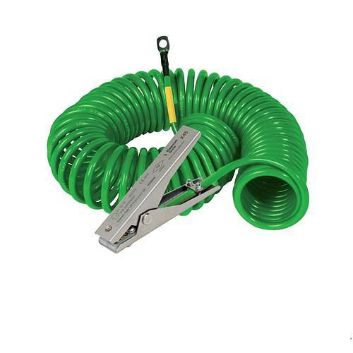 DENIOS Spiralerdungskabel, 1 Edelstahl-Erdungszange MD 120 mm, 3 m Auszugslänge, ATEX, 201352