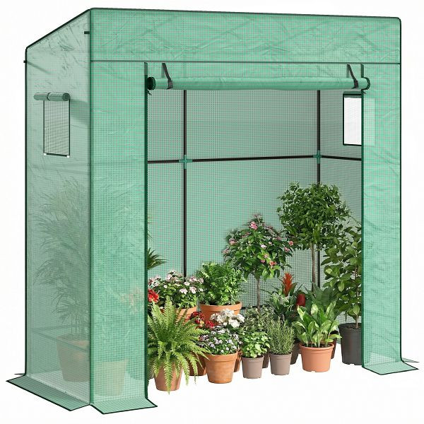 Outsunny Tomatengewächshaus Foliengewächshaus mit Rolltor Mesh-Fenster Schrägdach 196 x 77 x 197 cm Grün, 84H-063V00GN