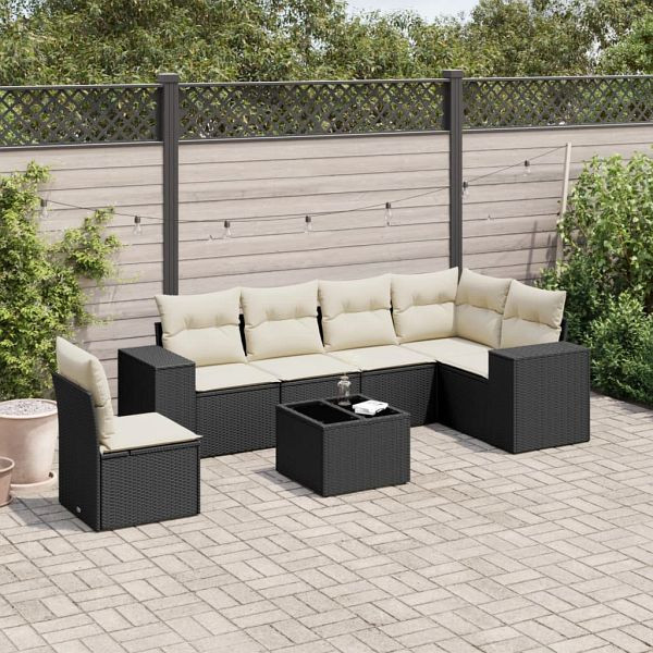 vidaXL 7-teilig Garten-Sofagarnitur mit Kissen Schwarz Poly Rattan, 3222635