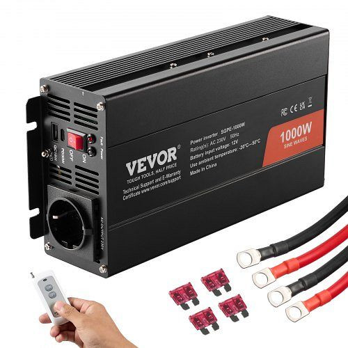 VEVOR Wechselrichter mit reiner Sinuswelle 1000W DC 12V AC 230V Spannungswandler mit 2 AC-Steckdosen 2 USB-Anschlüssen, CZXNBQ1000WCILWT2V2