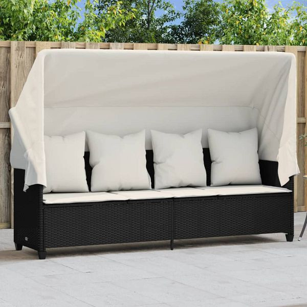 vidaXL Sonnenliege mit Dach und Kissen Schwarz Poly Rattan, 368353