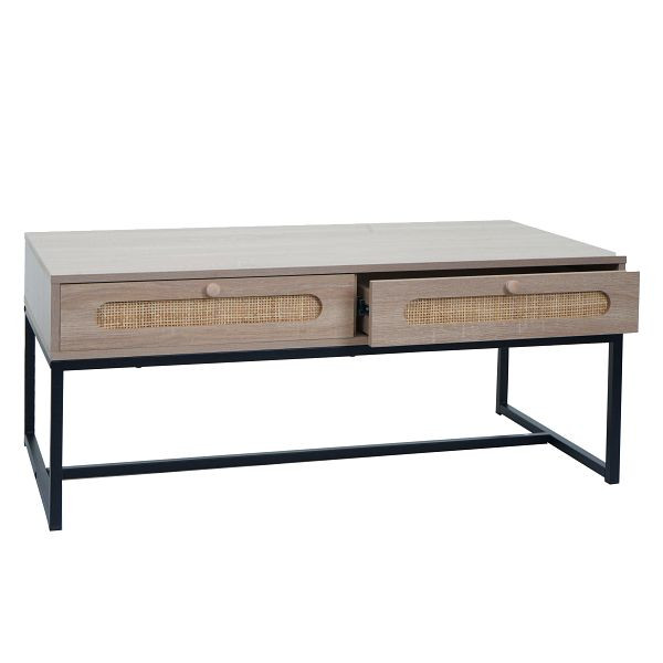 Mendler Couchtisch HWC-M41, Wohnzimmertisch Tisch Beistelltisch Sofatisch, Schublade, Kubu Rattan Holz Melamin, Eiche-Optik, 104217