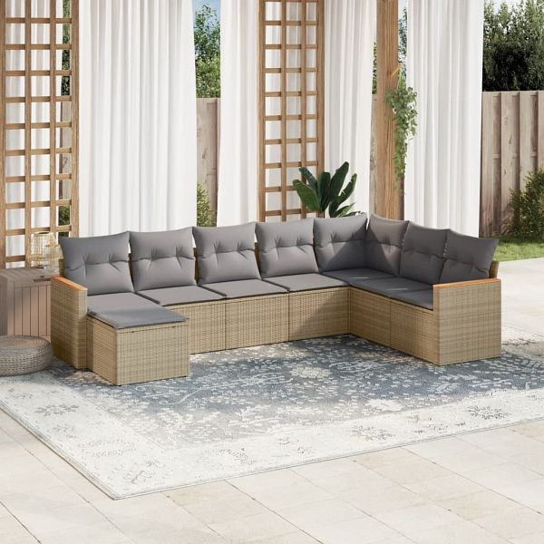 vidaXL 8-teilig Garten-Sofagarnitur mit Kissen Beige Poly Rattan, 3226248