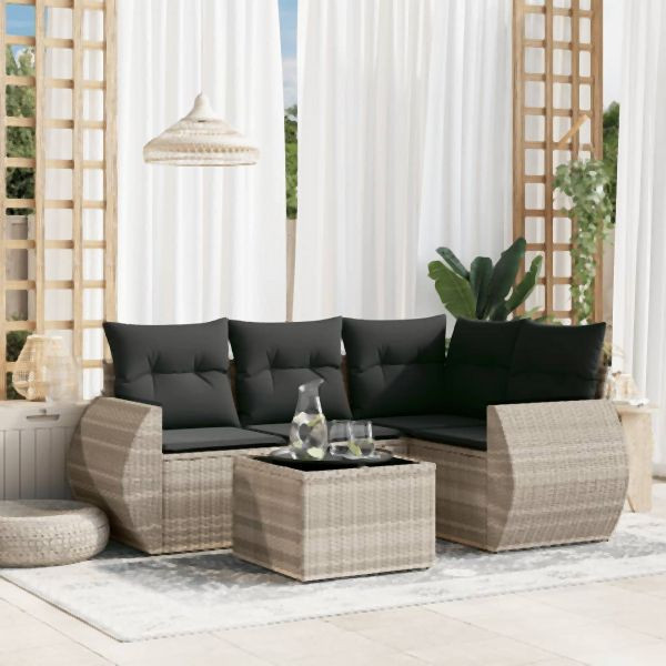 vidaXL 5-tlg. Garten-Sofagarnitur mit Kissen Hellgrau Poly Rattan, 3253659