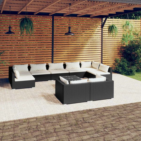vidaXL 10-teilig Garten-Lounge-Set mit Kissen Schwarz Poly Rattan, 3102063
