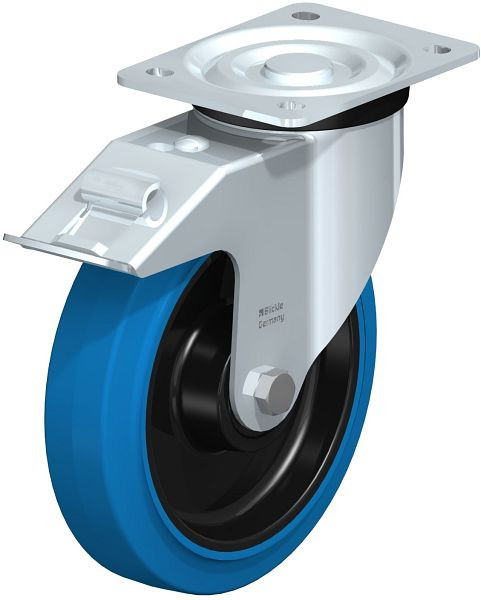 Blickle L-POEV 200KD-FI-SB Stahlblech-Lenkrolle, mittelschwere Ausführung, mit Anschraubplatte & Feststeller, Elastik-Vollgummi, Blau, 749380