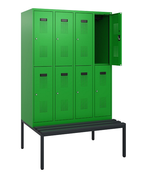 C+P Doppelstöckiger Spind Evolo PLUS, Bank, 8 Fächer, 1950x1200x815mm, 6037/6037, Zylinderschloss, Sitzfläche Kunststoff, Sitzbank, 0493505-40 S10161