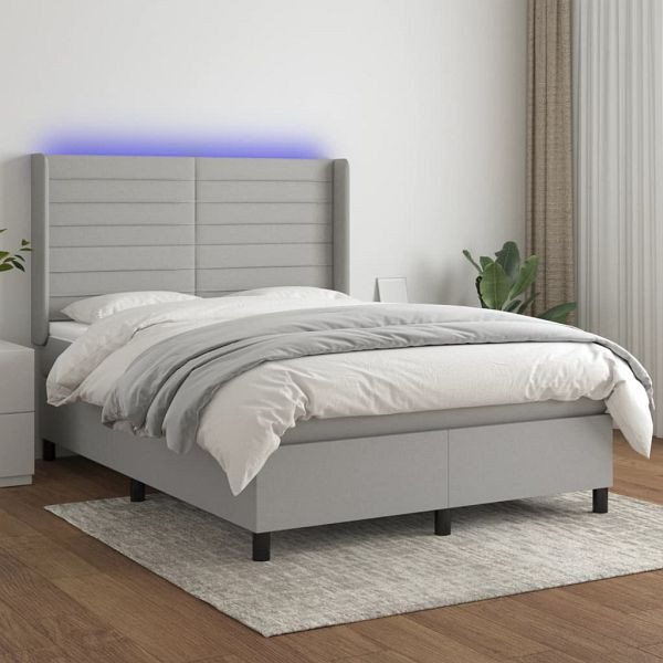 vidaXL Boxspringbett mit Matratze & LED Hellgrau 140x190 cm Stoff, 3138389
