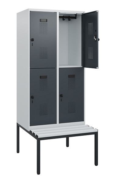C+P Doppelstöckiger Spind Evolo PLUS, Bank, 4 Fächer, 1950x800x815mm, 7035/7016, Drehriegel, Sitzfläche Kunststoff, Sitzbank, 0493505-22 S10104