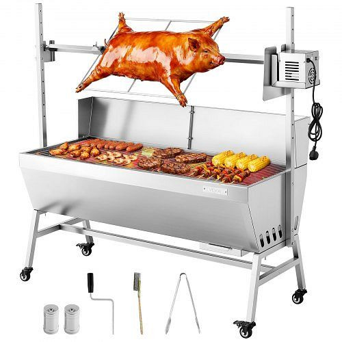 VEVOR Drehspießgrill 38 W Spanferkelgrill Lammholzkohlegrill (1218 mm) 60 kg Tragkraft, Räder, 4-fach höhenverstellbar, PZSHLK46INCH9KCOB001V2