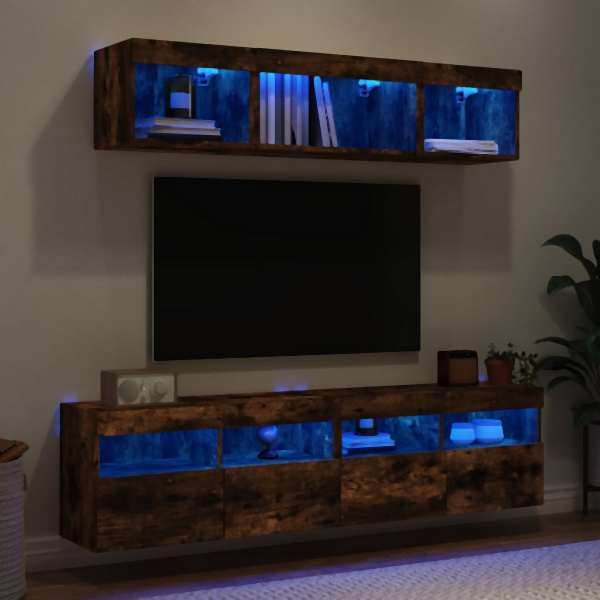 vidaXL 5-tlg. Wohnwand mit LED-Beleuchtung Räuchereiche Holzwerkstoff, 3216722