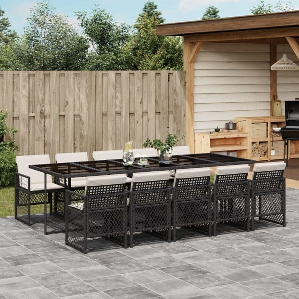 vidaXL 11-teilig Garten-Essgruppe mit Kissen Schwarz Poly Rattan, 3210750