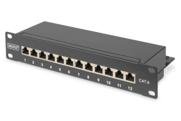 DIGITUS CAT 6, Klasse E Patch Panel, geschirmt, 12-Port RJ45 8P8C, LSA, 1HE, 254 mm (10") Rack Mount, schwarz RAL 9005, DN-91612S