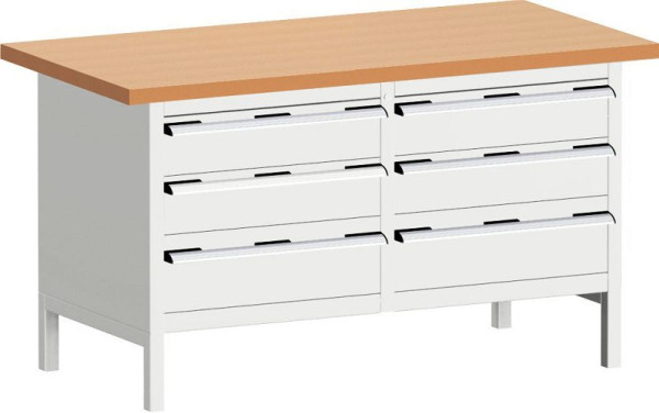 bott cubio Kastenwerkbank mit 6 Schubladen Rotbuche-Arbeitsplatte BxTxH: 1500 x 750 x 840 mm, RAL 7035, 41002032.16V