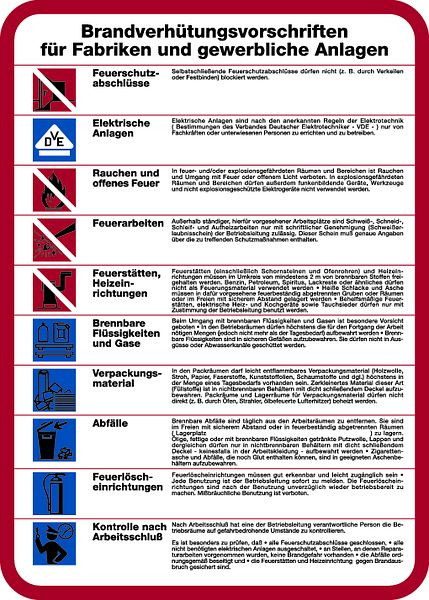 Schilder Klar Aushang Brandverhütungsvorschriften für Fabriken und gewerbliche Anlagen, 300x420x1.5 mm Kunststoff, 3217/74