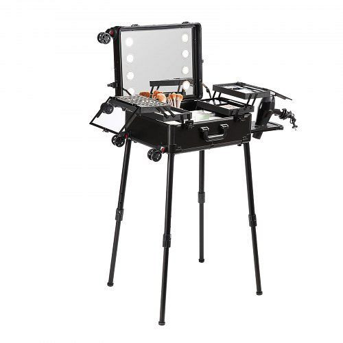 VEVOR Make-up-Koffer mit Schloss, beleuchtetem Spiegel, 4 Ablagefächern, Pinselhalter, mit drehbaren Rädern, professionell, HZXXLGSDZJ00S1F5WV2