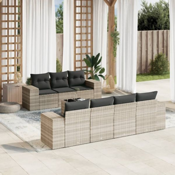 vidaXL 8-tlg. Garten-Sofagarnitur mit Kissen Hellgrau Poly Rattan, 3222331