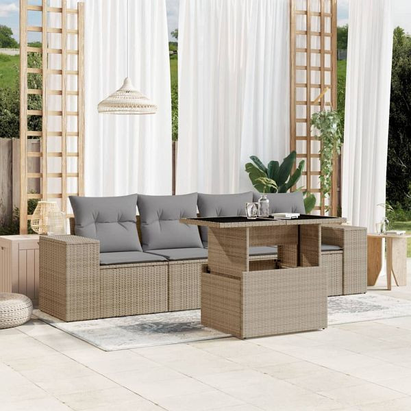 vidaXL 5-teilig Garten-Sofagarnitur mit Kissen Beige Poly Rattan, 3268989