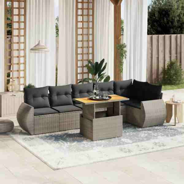 vidaXL 7-tlg. Garten-Sofagarnitur mit Kissen Grau Poly Rattan, UV-beständig, 3272208
