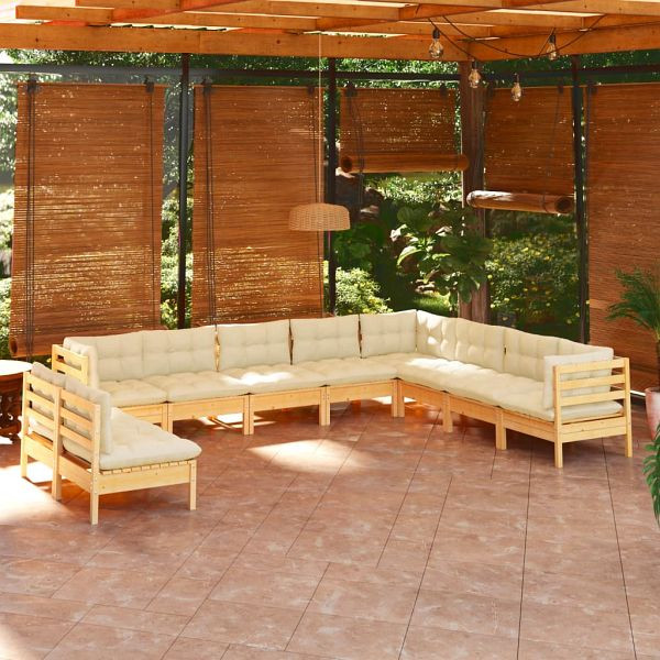 vidaXL 10-teilig Garten-Lounge-Set mit Creme Kissen Massivholz Kiefer, 3096839