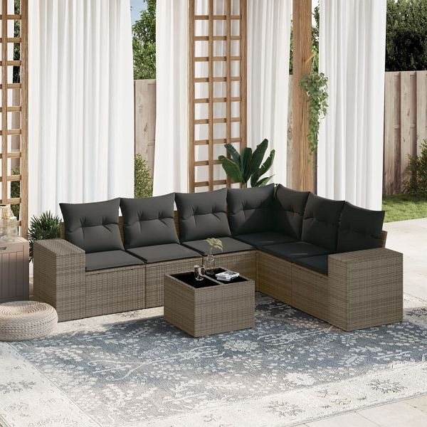 vidaXL 7-teilig Garten-Sofagarnitur mit Kissen Grau Poly Rattan, 3222619