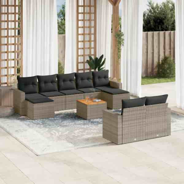 vidaXL 10-tlg. Garten-Sofagarnitur mit Kissen Grau Poly Rattan, UV-beständig, 3224338