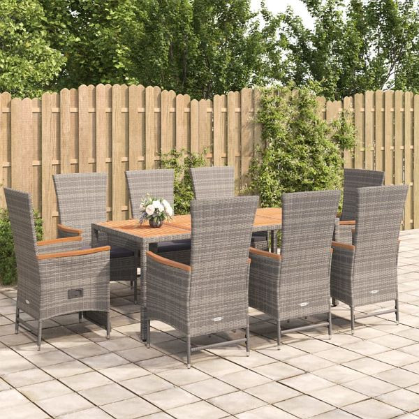 vidaXL 9-teilig Garten-Essgruppe mit Kissen Grau Poly Rattan, 3157554