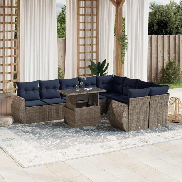 vidaXL 10-teiliges Gartensofa-Set mit Kissen, grau, Polyrattan, 3268761