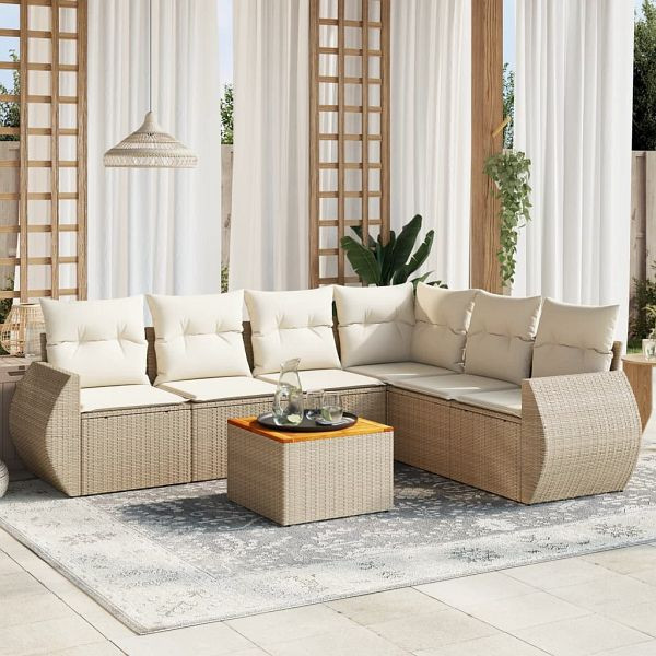 vidaXL 7-teilig Garten-Sofagarnitur mit Kissen Beige Poly Rattan, 3225022