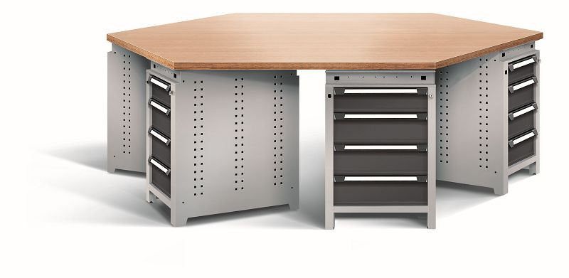 Otto Kind team-work Arbeitsplatz function, mit 6 Unterbauten Typ 107, Schubladen, Multiplexplatte 6-eckig, Gehäuse RAL 9006, Front RAL 9005, 07442803N