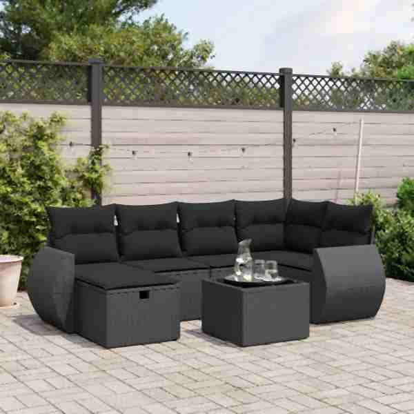 vidaXL 7-tlg. Garten-Sofagarnitur mit Kissen Schwarz Poly Rattan, UV-beständig, 3264111
