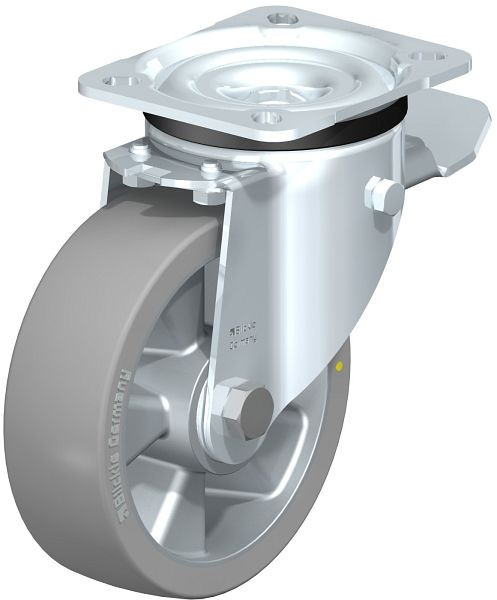 Blickle LK-ALTH 125K-1-ST-AS Stahlblech-Lenkrolle, schwere Ausführung, mit Anschraubplatte & Feststeller, Blickle Extrathane®, Grau, 563122