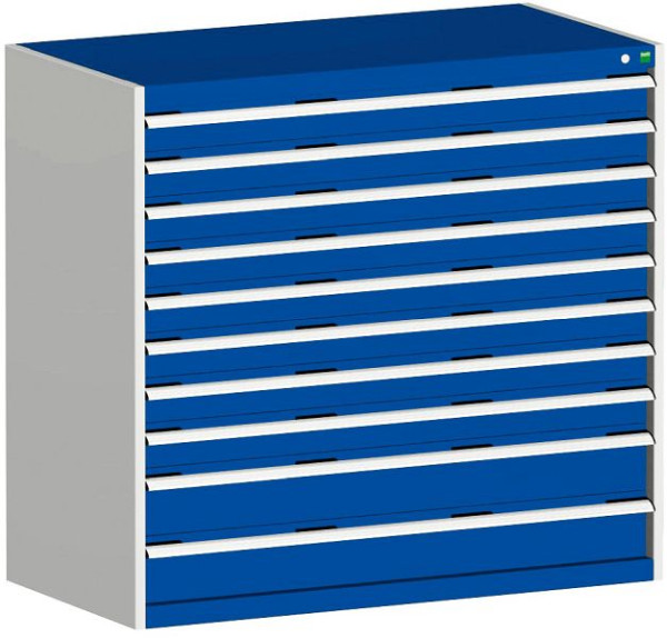 bott cubio Schubladenschrank bestückt mit 10 Schwerlastschubladen BxTxH: 1300 x 750 x 1200 mm, RAL 7035/5010, 40030026.11V