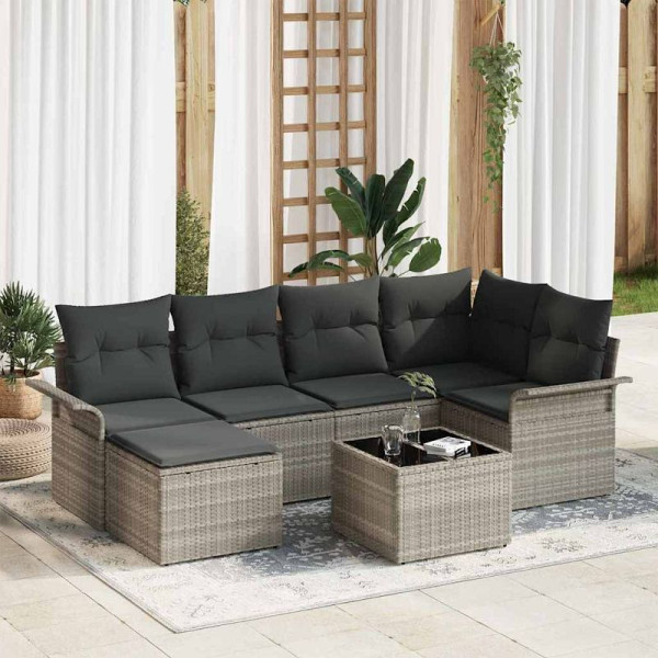 vidaXL Garten-Sofa-Set mit Kissen, 7er Set, Hellgrau Poly Rattan, 3354111