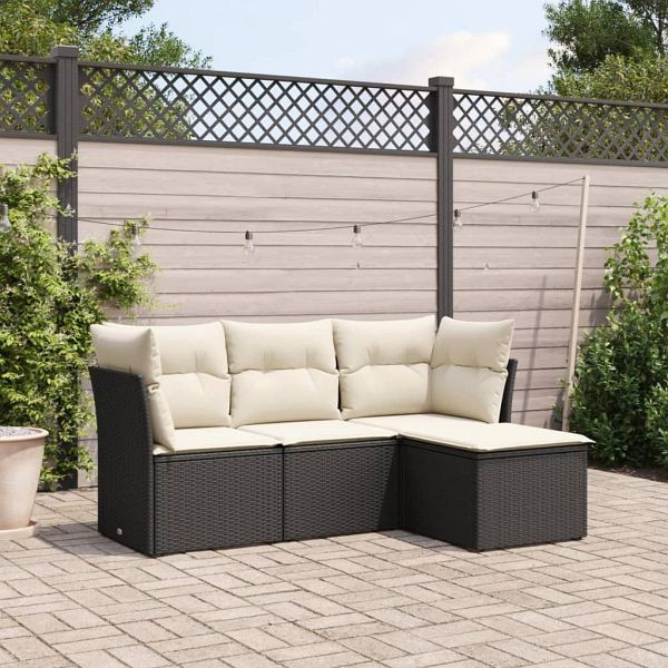 vidaXL 4-teilig Garten-Sofagarnitur mit Kissen Schwarz Poly Rattan, 3217536