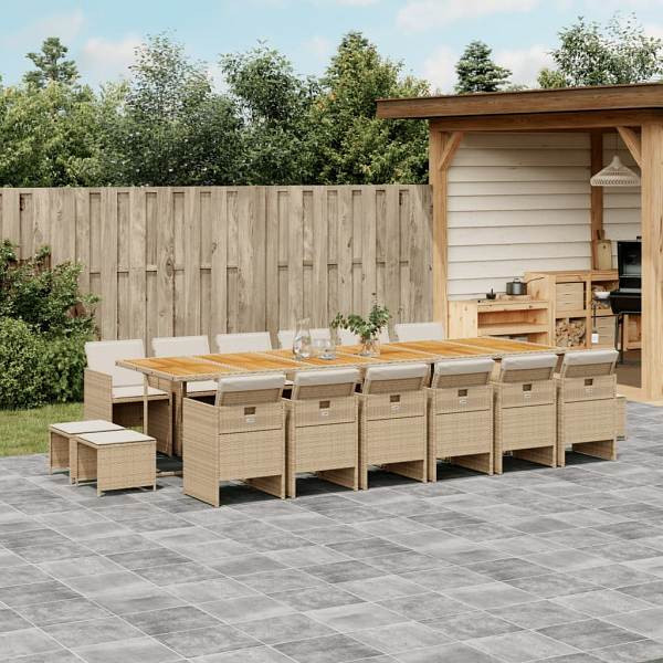 vidaXL 17-tlg. Garten-Essgruppe mit Kissen Beige Poly Rattan, UV-beständig, 3277779