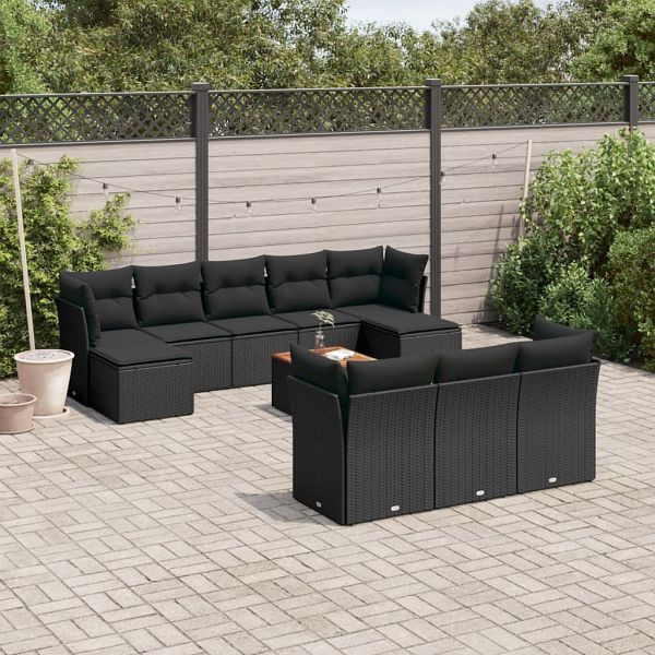 vidaXL 11-tlg. Garten-Sofagarnitur mit Kissen Schwarz Poly Rattan, 3256209