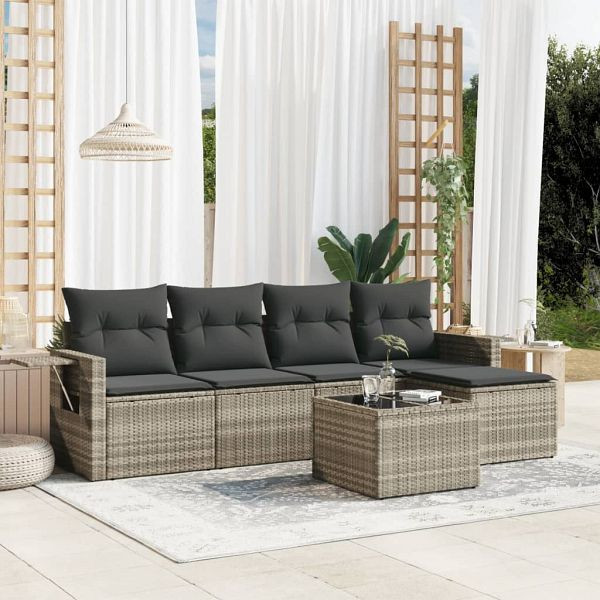 vidaXL 6-teilig Garten-Sofagarnitur mit Kissen Hellgrau Poly Rattan, 3252439