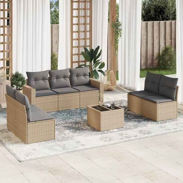 vidaXL 8-teilig Garten-Sofagarnitur mit Kissen Beige Poly Rattan, 3218829
