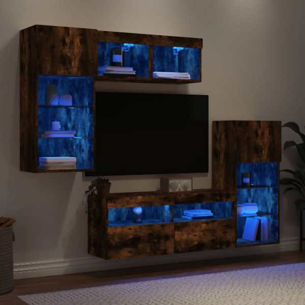vidaXL 5-tlg. Wohnwand mit LED-Beleuchtung Räuchereiche Holzwerkstoff, 3216729
