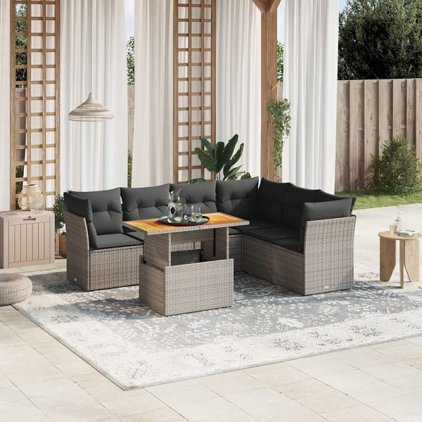 vidaXL 7-teilig Garten-Sofagarnitur mit Kissen Grau Poly Rattan, 3270850