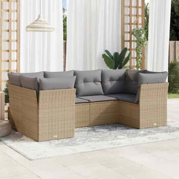 vidaXL 6-tlg. Garten-Sofagarnitur mit Kissen Beige Poly Rattan, UV-beständig, 3249948