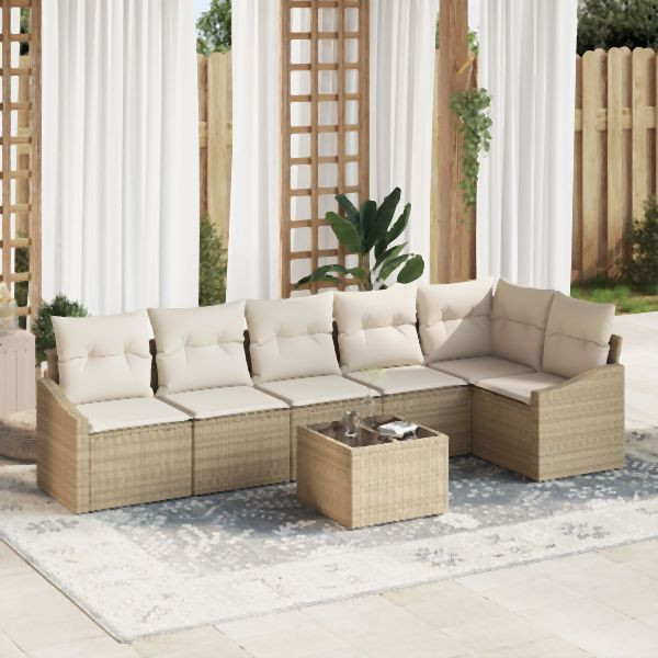vidaXL Garten Sofa Set Set von 7 Beige Poly Rattan, Stoff Outdoor Sofa, 3355420