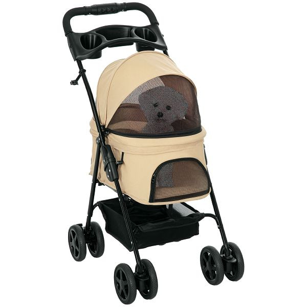 PawHut Hundewagen Hundebuggy, klappbar, 2 Sicherheitsleinen, 2 Becherhalter, 67 x 45 x 96 cm, Khaki, D00-127V00KK